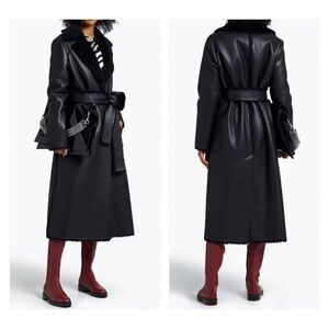 NWT Stand Studio Millan Belted Faux Leather Long Coat Faux Shearling Trim FR 40